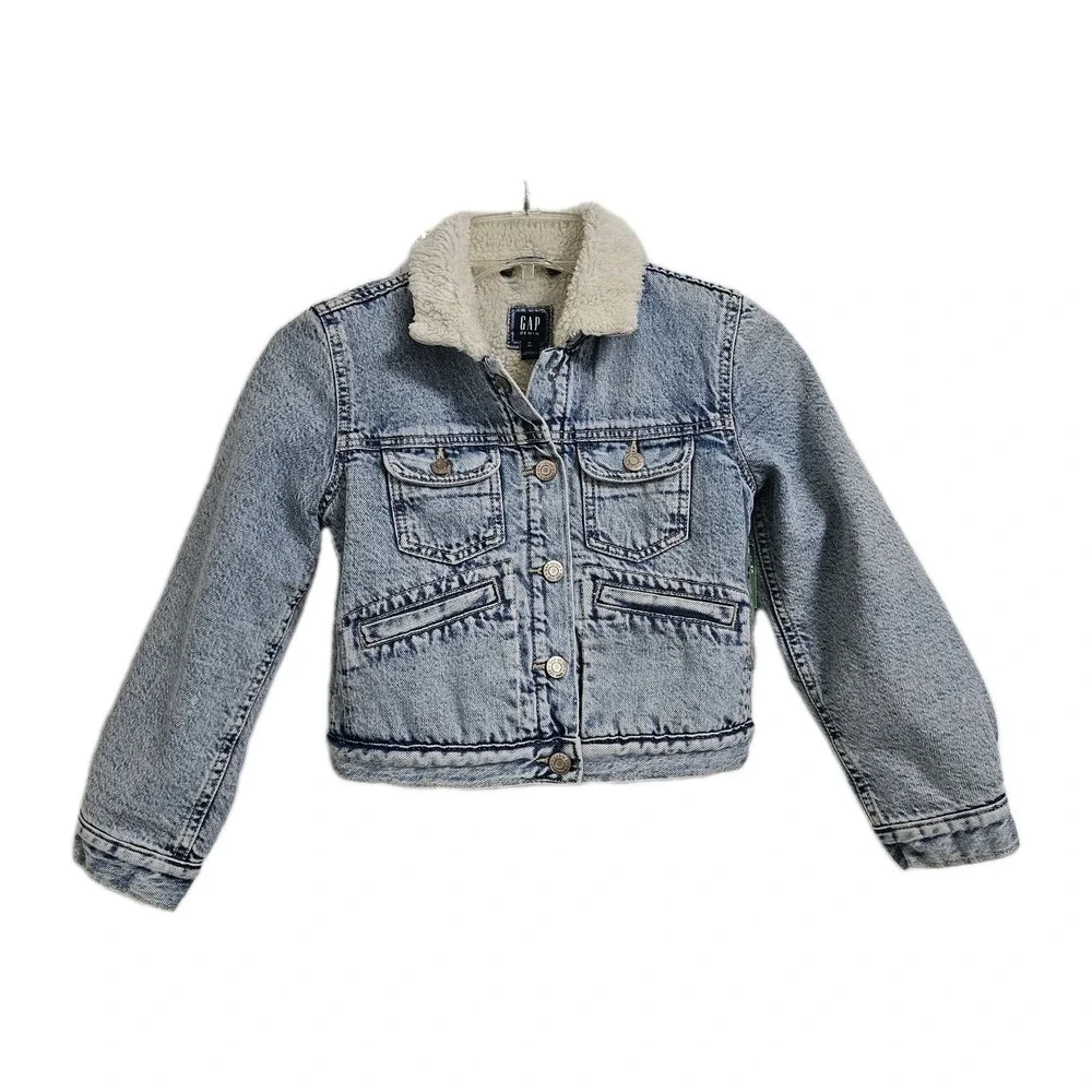 Gap Denim Jacket Kids Size M 8 Blue Acid Wash Sherpa Lined Trucker Coat NWT